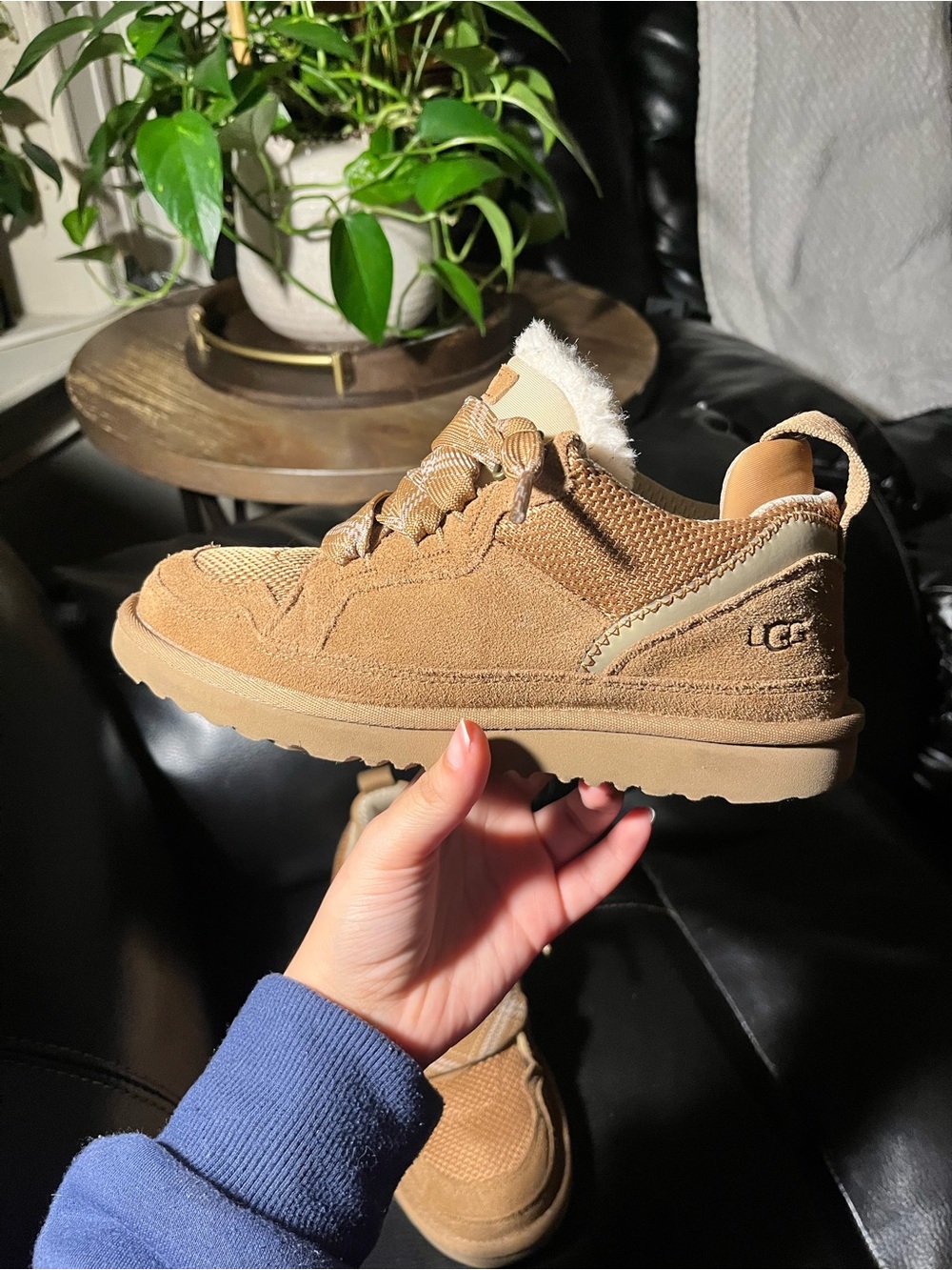 UGG Kids Chestnut Suede Lace-Up Sneaker with Shearling Trim
